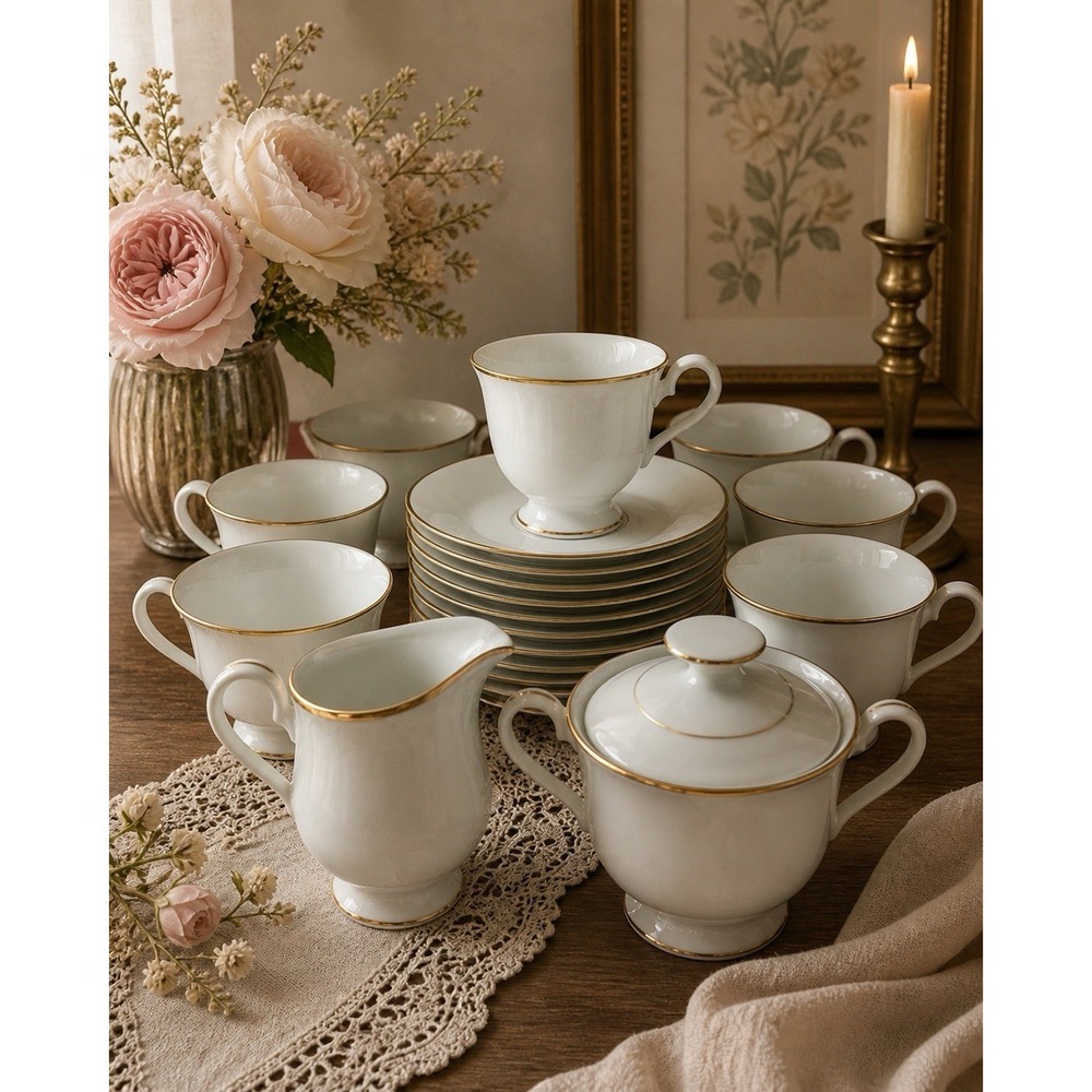 Nitto Empress P4669 Tea Set 8 Cups Saucers Creamer Sugar Gold Trim Japan